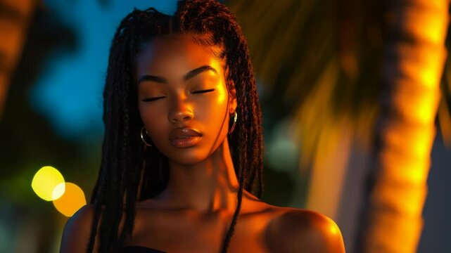Glamorous Young Woman with Braids in Golden Evening Light with Palm Trees and Bokeh Backgrounds Potrait Photography