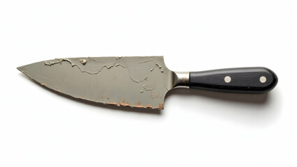The Toolverse Used putty knife with dried paint on blade, top-down view on white background, showing edge wear and realistic grime texture (3)
