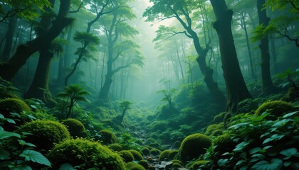 Misty Forest with Lush Green Foliage and Soft Morning Light