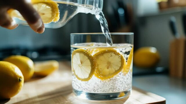Hand Pouring Water with Lemon Slices into Glass on Wood Surface in Bright Indoor Lighting for Healthy Refreshment and Hydration