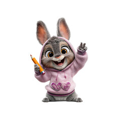 Adorable Cartoon Bunny Rabbit in Pink Hoodie Holding Pencil and Waving