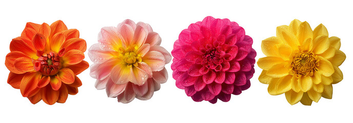 A collection of real colourful dwarf dahlia flower heads isolated on white and transparent background, cut out png 