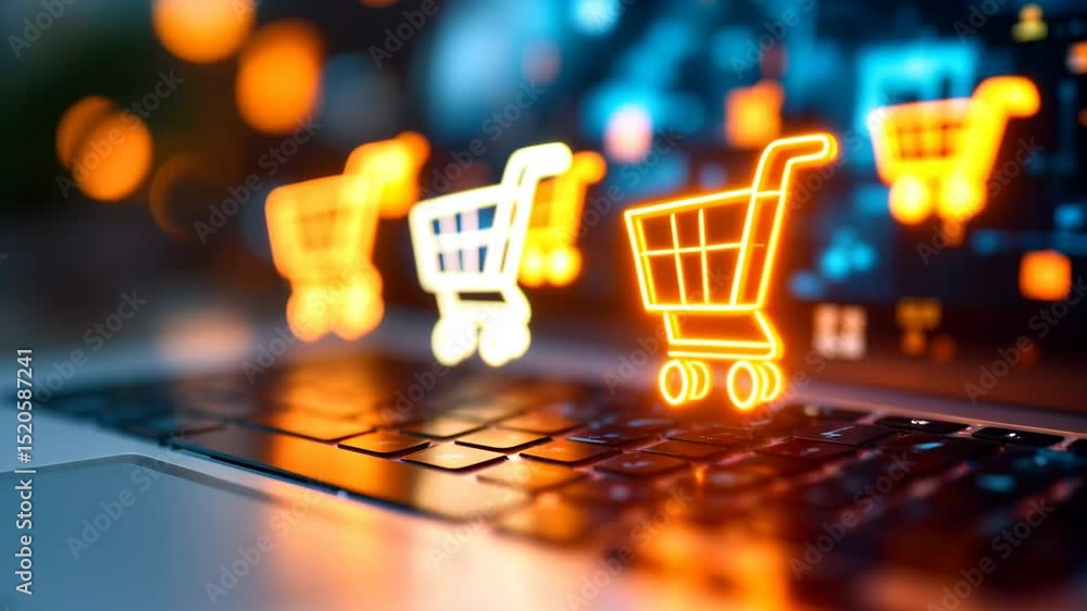 Poster online shopping concept with glowing shopping cart icons floating above laptop keyboard, digital com