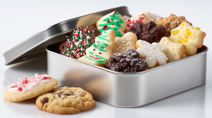 Fototapeta premium Holiday cookie tin open with assorted treats spilling out, isolated on clean white surface.