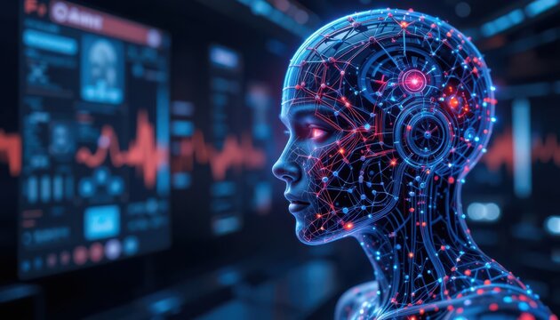 Futuristic digital human head with neural network technology visualization