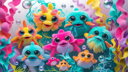 A vibrant collection of plush toy fish swimming among seaweed and bubbles in a whimsical underwater scene
