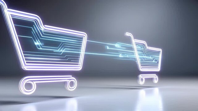 Digital shopping cart icon with neon light and glowing lines, circuit pattern symbolizing futuristic online shopping technology and e commerce