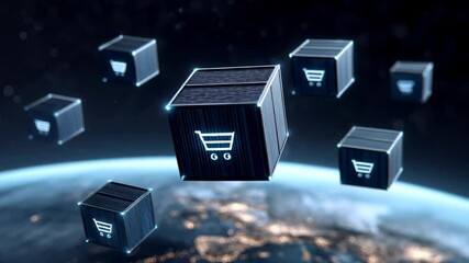 Futuristic digital shopping cart icons floating cubes over Earth symbolize global e commerce, online retail, and advanced digital technology - Powered by Adobe