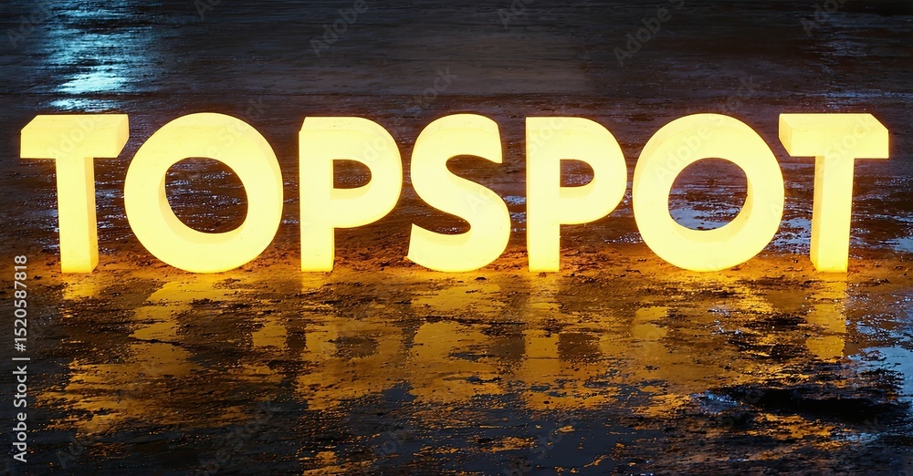 Aufkleber bright yellow topspot text reflects on wet pavement. dark background emphasizes glowing letters, cre