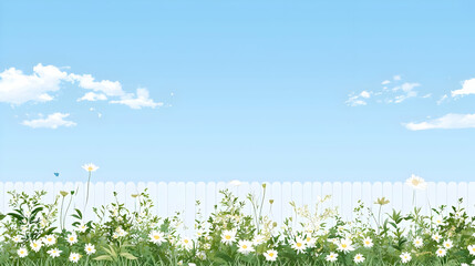 Fototapeta premium White Fence With Flowers And Lush Green Grass Under A Clear Blue Sky