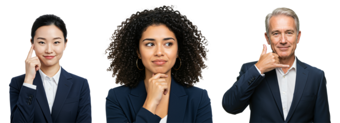 Diverse group of business people portraits. Young Asian woman with an idea, pensive curly-haired woman, and senior white man making a call me sign.