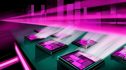 Cyberpunk future with electronic chips cityscape