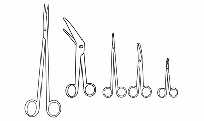 Vector line art of surgical scissors set. Medical instruments in various types and sizes. Suitable for healthcare, anatomy, surgery, or hospital illustrations.