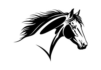 Horse drawing of horse head with flowing mane in elegant black tribal vector art style