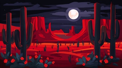 Desert night with cactus and moon