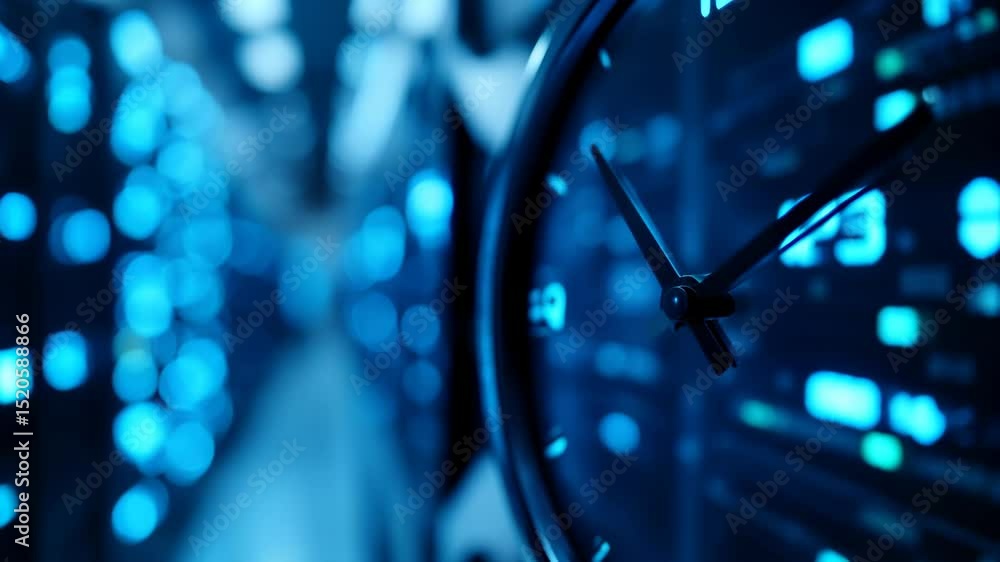 Poster close up of modern digital clock showing time with blue blurred lights and technology in futuristic 