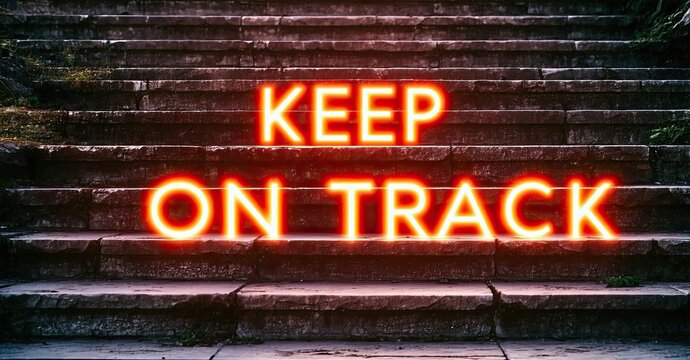 Bright neon sign displays motivational phrase upon stone steps. Dark background emphasizes glowing text, creating dramatic effect.