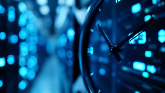 Close up of modern digital clock showing time with blue blurred lights and technology in futuristic calm light background