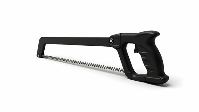 The Toolverse Hacksaw with tension frame and ergonomic grip, side view, black and silver tone, isolated on white background with clean contour (3)
