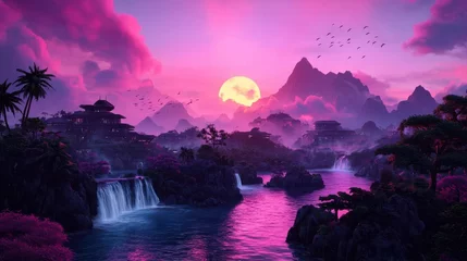 Selbstklebende Fototapeten A captivating fantastical landscape with towering mountains cascading waterfalls and a glowing moon amid vibrant cloud filled skies at sunset © NEXT-Ai