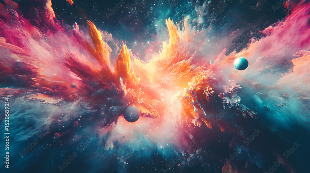 Aufkleber cosmic nebula of swirling dust with planetary bodies fantasy artwork displaying a vivid and explosiv
