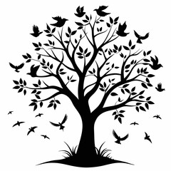 Black tree silhouette with flying birds against a white background a minimalist nature scene evoking freedom and tranquility in vector