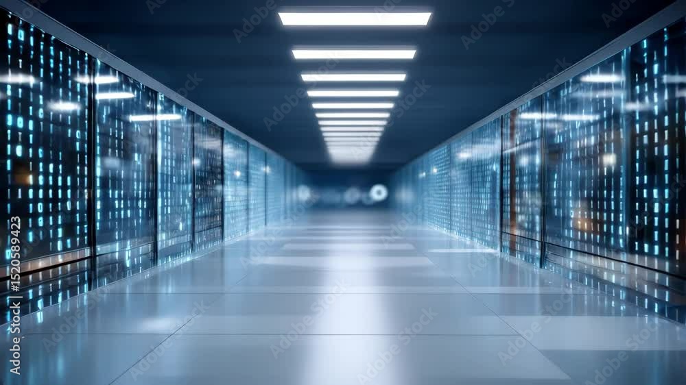 Poster futuristic digital data corridor with glowing binary code on glass walls and bright ceiling lights i