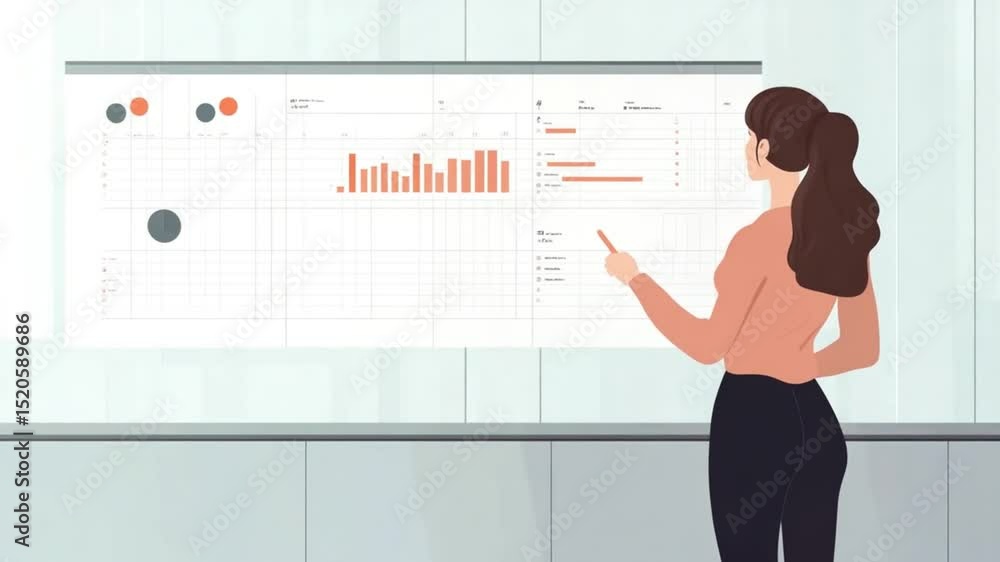 Poster female professional analyzing business data on a digital interactive screen display