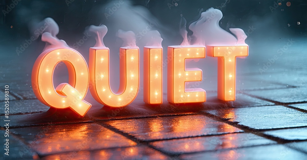 Poster glowing word quiet sits upon wet pavement. steam rises from illuminated letters. dramatic lighting c
