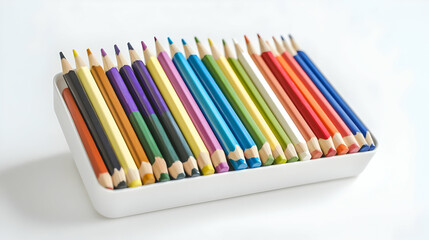 Fototapeta premium Assorted Colored Pencils In White Tray On White Background