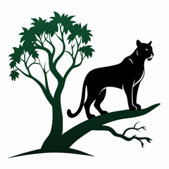Puma Silhouette on Tree Branch Wild Cat Illustration on White Background Wildlife Scene Vector Graphic Design Element