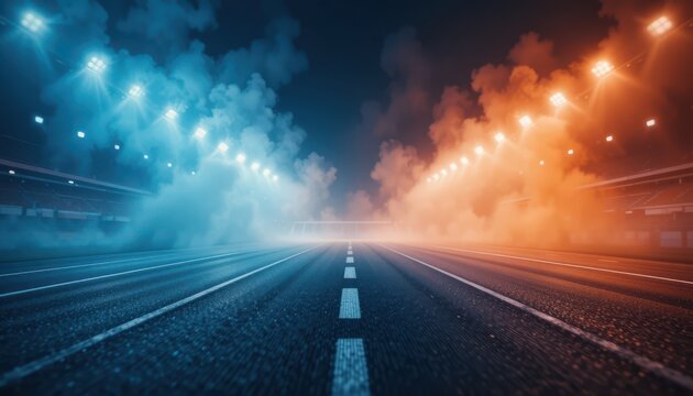 Dramatic Race Track with Colorful Smoke and Bright Stadium Lights