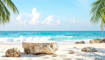 Stone podium for summer cosmetics product presentation on blurred tropical sea sand beach background