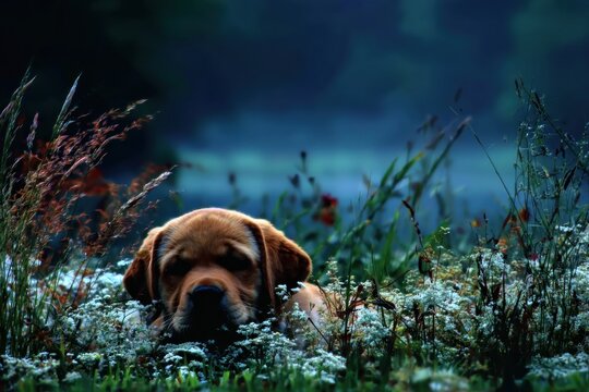 Dog resting in a field at dawn