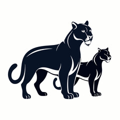 Silhouette of two pumas on a tree branch against a white background creating a wildlife and nature themed design element