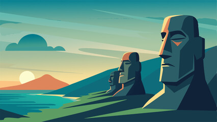 Obraz premium Easter island moai statues vector art landscape scenery