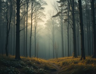 Obraz premium Misty Forest Scene with Tall Trees and Soft Light at Dawn