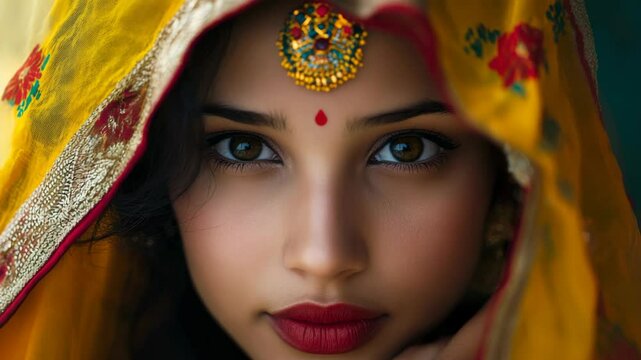 Portrait of an Elegant Woman with Traditional Yellow Headdress and Bold Red Lipstick, Close Up View with Detailed Facial Features and jewelry