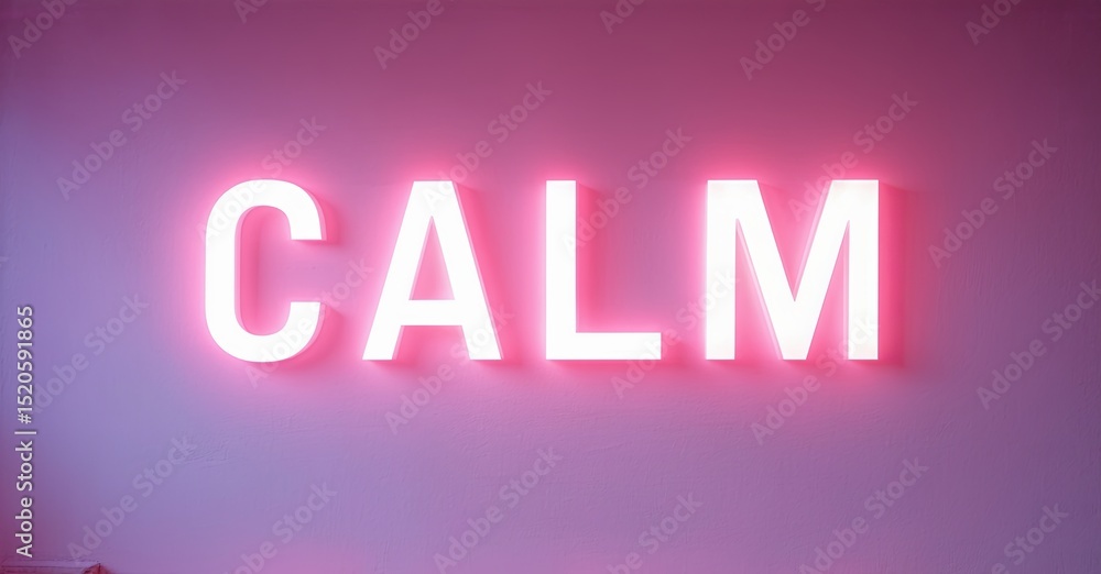 Poster pink background displays illuminated calm lettering. soft glow emanates from each letter, creating p