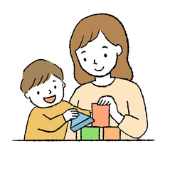 積み木で遊ぶ親子