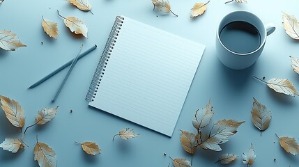 A notepad, pencils, coffee cup, and autumn leaves on a light blue surface.