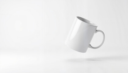 White ceramic mug floating against a plain light background  
