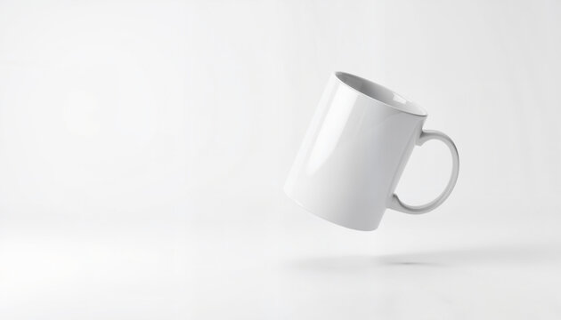 White ceramic mug floating against a plain light background  
