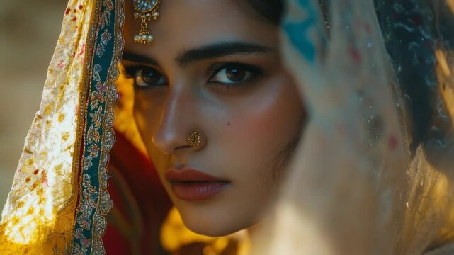 Portrait of Young Woman with Traditional Indian Jewelry and Ornate Dress in Soft Golden Lighting