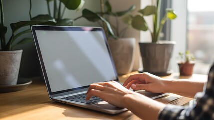 Fototapeta premium Sunlight Illuminates a Productive Workspace: Laptop Use in a Home Office Setting