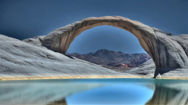 Majestic rock arch over tranquil turquoise lake