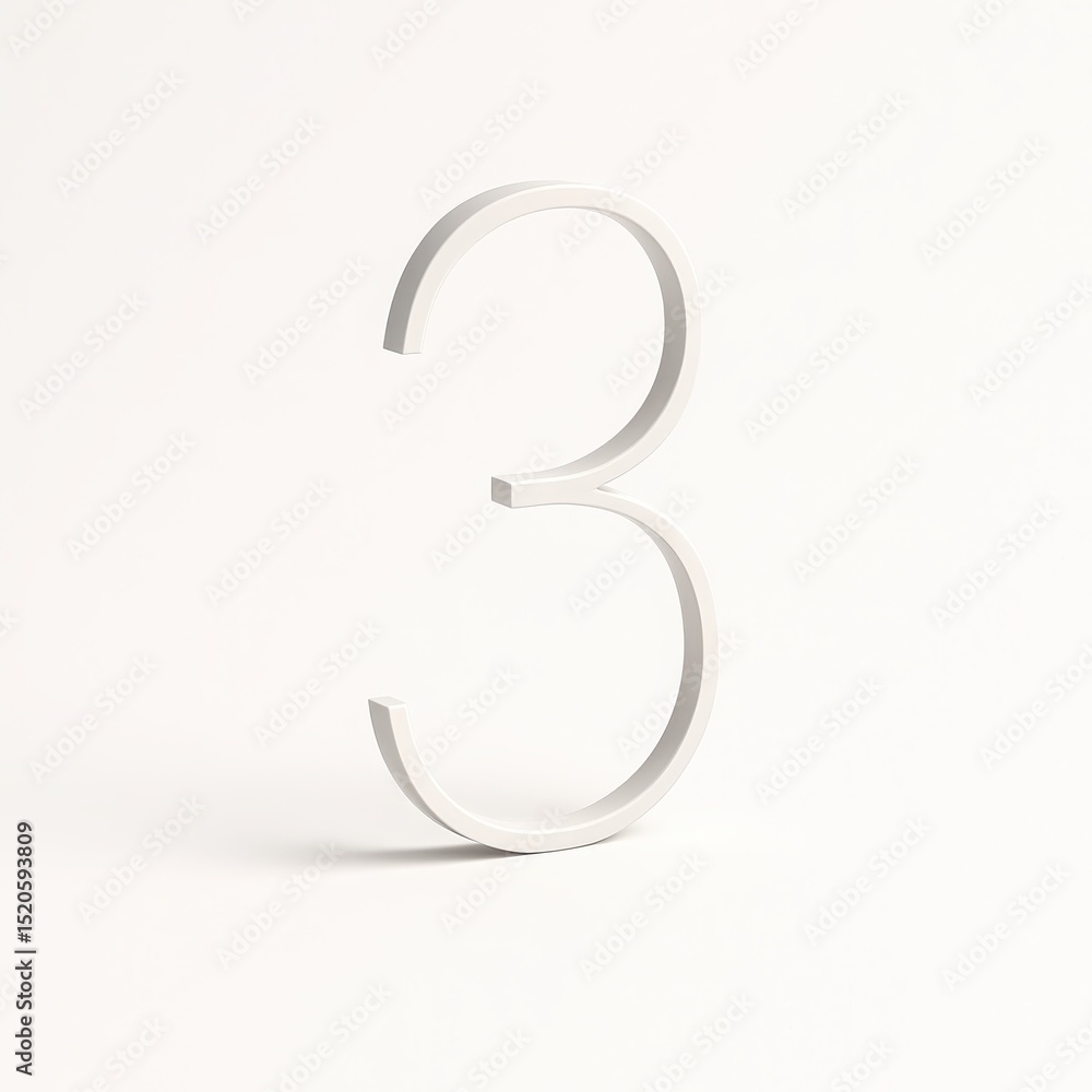 Poster white number three 3d rendering on white background