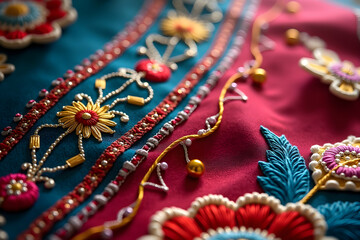 Macro Shot of Intricate Shimmering Metallic Thread Weaving and Embroidered Floral Motifs on Vibrant Textured Fabric