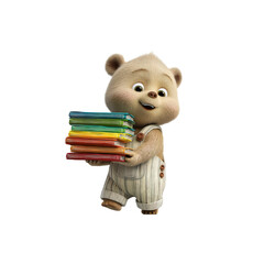 Adorable Cartoon Bear Cub Carrying a Stack of Colorful Books