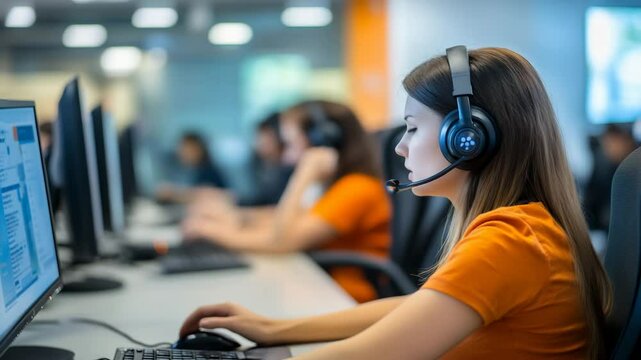 A woman wearing a headset is working on a computer. She is wearing an orange shirt. There are several other people in the background, some of whom are also wearing headsets